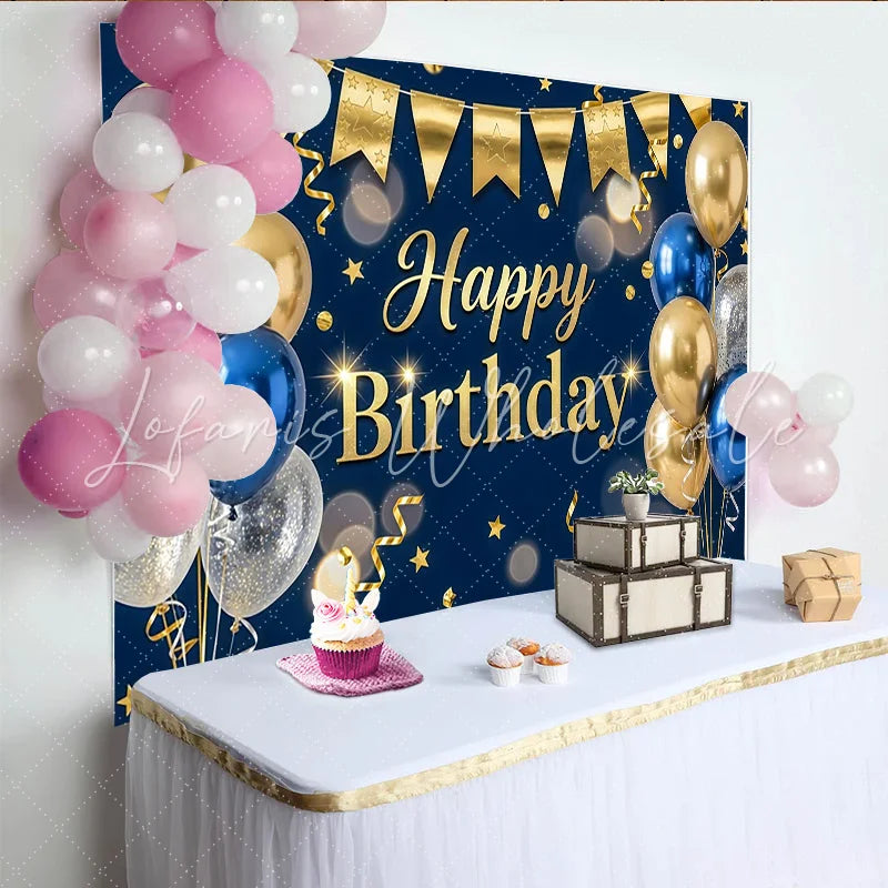 Lofaris Navy Blue and Gold Happy Birthday Backdrop with Balloons and Stars Elegant Party Background for Photo Booth Decor