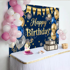 Lofaris Navy Blue and Gold Happy Birthday Backdrop with Balloons and Stars Elegant Party Background for Photo Booth Decor