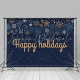 Lofaris Navy Blue Snowflake Gold Happy Holidays Backdrop