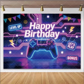 Lofaris Neon Gaming Birthday Backdrop with Controller and Level Up Signs Vibrant Party Background for Game Theme Celebration