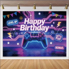 Lofaris Neon Gaming Birthday Backdrop with Controller and Level Up Signs Vibrant Party Background for Game Theme Celebration