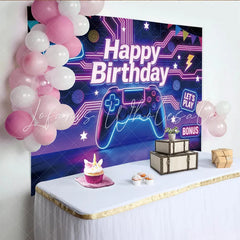 Lofaris Neon Gaming Birthday Backdrop with Controller and Level Up Signs Vibrant Party Background for Game Theme Celebration