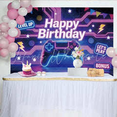 Lofaris Neon Gaming Birthday Backdrop with Controller and Level Up Signs Vibrant Party Background for Game Theme Celebration