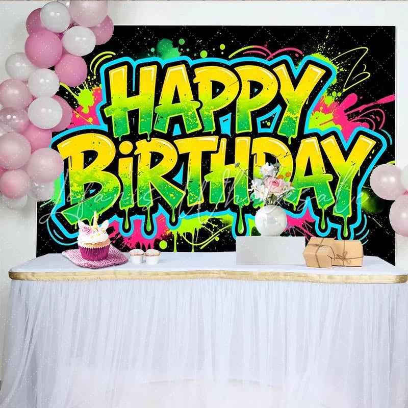 Lofaris Neon Graffiti Happy Birthday Backdrop with Paint Splatters Vibrant Party Background for Photoshoot and Decor
