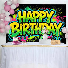 Lofaris Neon Graffiti Happy Birthday Backdrop with Paint Splatters Vibrant Party Background for Photoshoot and Decor