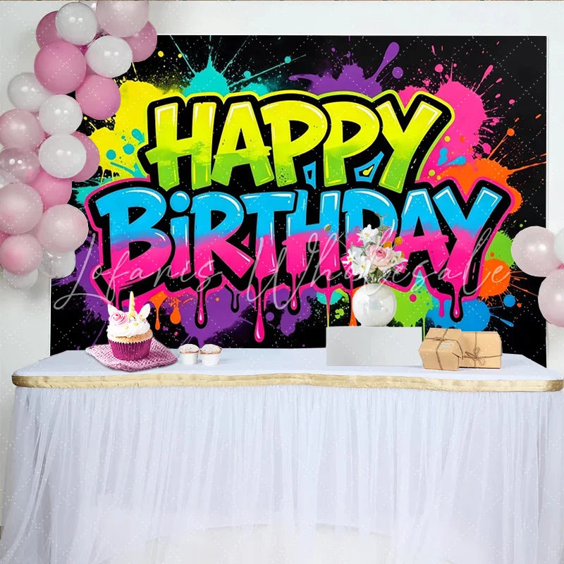 Lofaris Neon Graffiti Happy Birthday Backdrop with Paint Splatters Vibrant Party Background for Kids and Adults Photoshoot