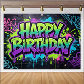 Lofaris Neon Graffiti Happy Birthday Backdrop with Vibrant Paint Splatters Energetic Photo Background for Party Decoration