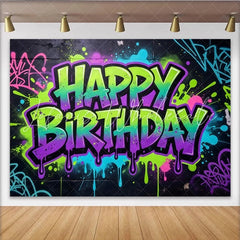 Lofaris Neon Graffiti Happy Birthday Backdrop with Vibrant Paint Splatters Energetic Photo Background for Party Decoration