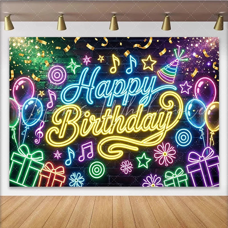 Lofaris Neon Happy Birthday Party Backdrop with Colorful Balloons and Gifts Vibrant Music Theme Background for Celebration Photography