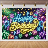 Lofaris Neon Happy Birthday Party Backdrop with Colorful Balloons and Gifts Vibrant Music Theme Background for Celebration Photography