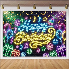 Lofaris Neon Happy Birthday Party Backdrop with Colorful Balloons and Gifts Vibrant Music Theme Background for Celebration Photography