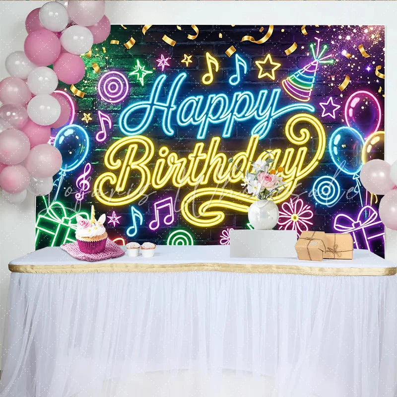 Lofaris Neon Happy Birthday Party Backdrop with Colorful Balloons and Gifts Vibrant Music Theme Background for Celebration Photography