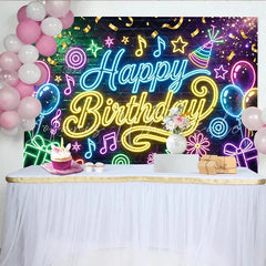 Lofaris Neon Happy Birthday Party Backdrop with Colorful Balloons and Gifts Vibrant Music Theme Background for Celebration Photography