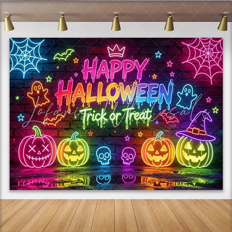 Lofaris Neon Happy Halloween Backdrop with Pumpkins Ghosts and Spiderwebs Colorful Brick Wall Background for Party Decor