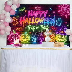 Lofaris Neon Happy Halloween Backdrop with Pumpkins Ghosts and Spiderwebs Colorful Brick Wall Background for Party Decor