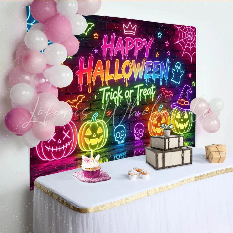 Lofaris Neon Happy Halloween Backdrop with Pumpkins Ghosts and Spiderwebs Colorful Brick Wall Background for Party Decor