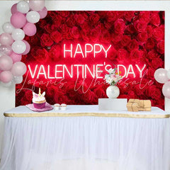 Lofaris Neon Happy Valentine’s Day Backdrop Red Rose Flower Wall for Romantic Celebration Floral Wedding Photography Background