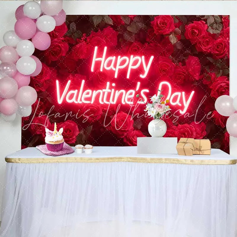 Lofaris Neon Script Happy Valentine’s Day Backdrop Deep Red Rose Wall for Romantic Anniversary Floral Wedding Party Decoration