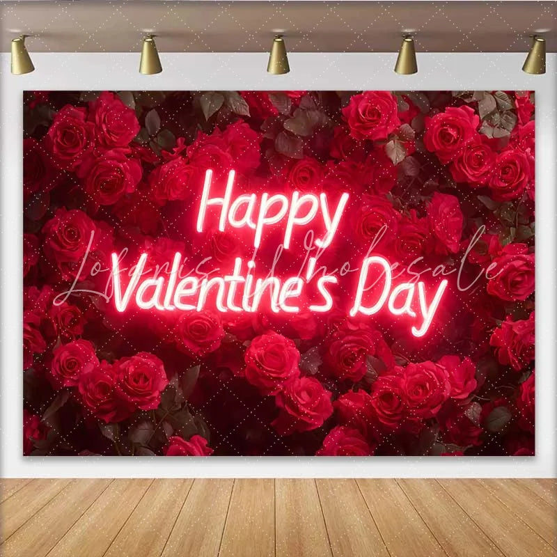 Lofaris Neon Script Happy Valentine’s Day Backdrop Deep Red Rose Wall for Romantic Anniversary Floral Wedding Party Decoration