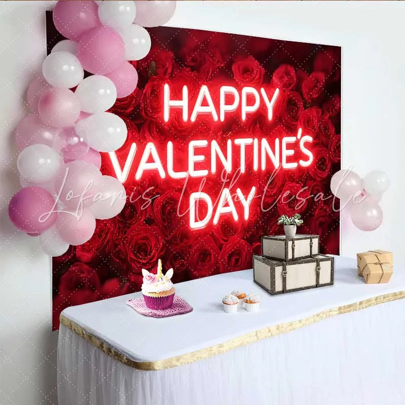 Lofaris Neon Text Happy Valentine’s Day Backdrop Red Rose Floral Field for Wedding Party Romantic Photography Studio Background