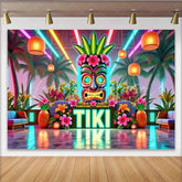 Lofaris Neon Tiki Party Backdrop with Tropical Palm Trees and Flowers Vibrant Photo Background for Summer Event