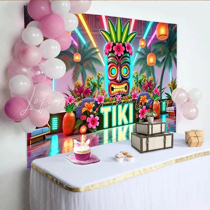 Lofaris Neon Tiki Party Backdrop with Tropical Palm Trees and Flowers Vibrant Photo Background for Summer Event