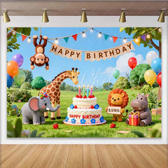 Lofaris Niedlicher bunter Cartoon-Dschungeltier-Geburtstagshintergrund mit Ballons und Kuchen für Kindergeburtstage