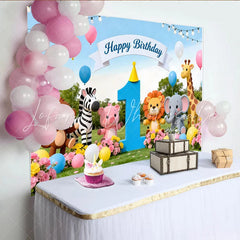 Lofaris Niedlicher bunter Safari-Tier-1.-Geburtstagshintergrund mit Ballons und Dschungel-Motiv für Babyparty und Kinder