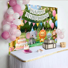 Lofaris Niedlicher Cartoon-Tier-Geburtstagshintergrund bunte Dschungeltiere und Ballons für Kinderparty Fotokulisse