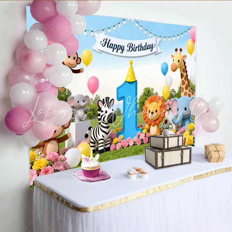 Lofaris Niedlicher Dschungel-Safari-1.-Geburtstagshintergrund bunte Ballons und Blumen für Babypartys fröhliche Fotokulisse