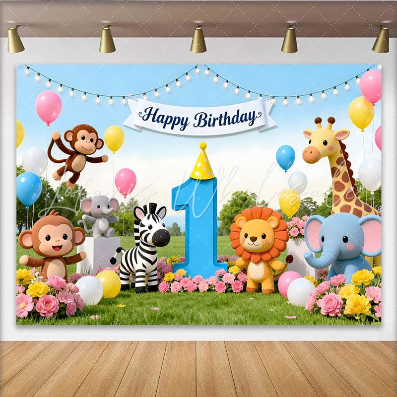 Lofaris Niedlicher Dschungel-Safari-1.-Geburtstagshintergrund bunte Ballons und Blumen für Babypartys fröhliche Fotokulisse