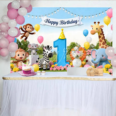 Lofaris Niedlicher Dschungel-Safari-1.-Geburtstagshintergrund bunte Ballons und Blumen für Babypartys fröhliche Fotokulisse