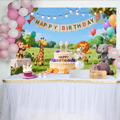 Lofaris Niedlicher Safari-Tier-Geburtstagsparty-Hintergrund bunte Ballons Kuchen und fröhliche Feier auf der Wiese
