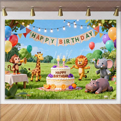Lofaris Niedlicher Safari-Tier-Geburtstagsparty-Hintergrund bunte Ballons Kuchen und fröhliche Feier auf der Wiese