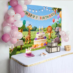 Lofaris Niedlicher Safari-Tier-Geburtstagsparty-Hintergrund bunte Ballons Kuchen und fröhliche Feier auf der Wiese
