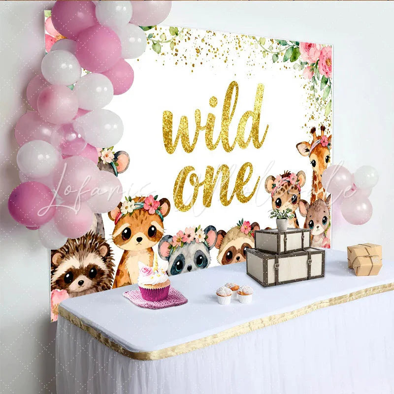 Lofaris Niedlicher Wild-One-Geburtstagshintergrund Aquarell-Waldtiere und Blumen für den ersten Geburtstag