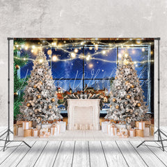 Lofaris Night Town Fireplace Tree Window Christmas Backdrop