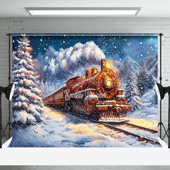 Lofaris Nigth Train Passing Through Christmas Photo Backdrop