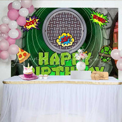 Lofaris Ninja Turtle Style Birthday Backdrop Green Sewer Tunnel and Pizza Party Decoration for Boys