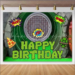 Lofaris Ninja Turtle Style Birthday Backdrop Green Sewer Tunnel and Pizza Party Decoration for Boys