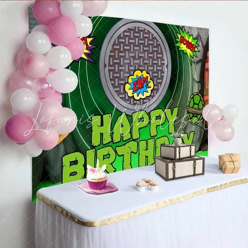 Lofaris Ninja Turtle Style Birthday Backdrop Green Sewer Tunnel and Pizza Party Decoration for Boys