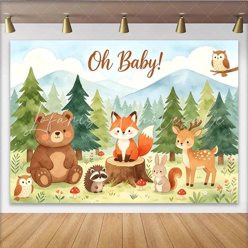 Lofaris Oh Baby Woodland Animal Baby Shower Backdrop with Forest Trees and Mountains Cute Safari Theme Photography Background for Party