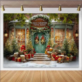 Lofaris Old Country Market Christmas Backdrop Vintage Green Storefront with Holiday Gift Decor
