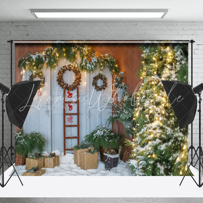Lofaris Old White Door With Wreath Plants Winter Backdrop