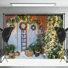 Lofaris Old White Door With Wreath Plants Winter Backdrop