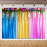 Lofaris Ombre Rainbow Stage Backdrop Colorful Curtains with Floral Top and Greenery Party Banner