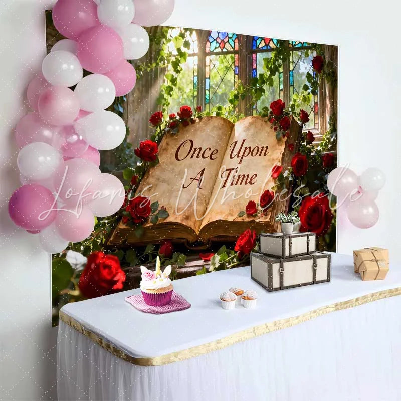 Lofaris Once Upon A Time Storybook Wedding Backdrop with Red Roses Enchanted Stained Glass Window Decor