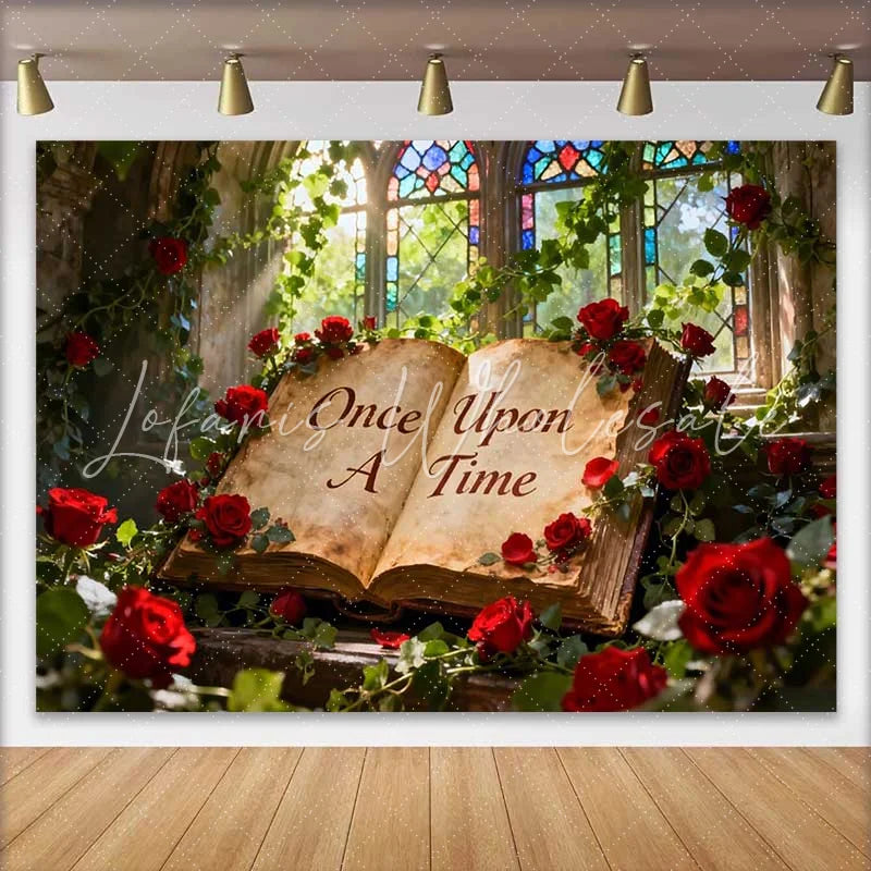 Lofaris Once Upon A Time Storybook Wedding Backdrop with Red Roses Enchanted Stained Glass Window Decor