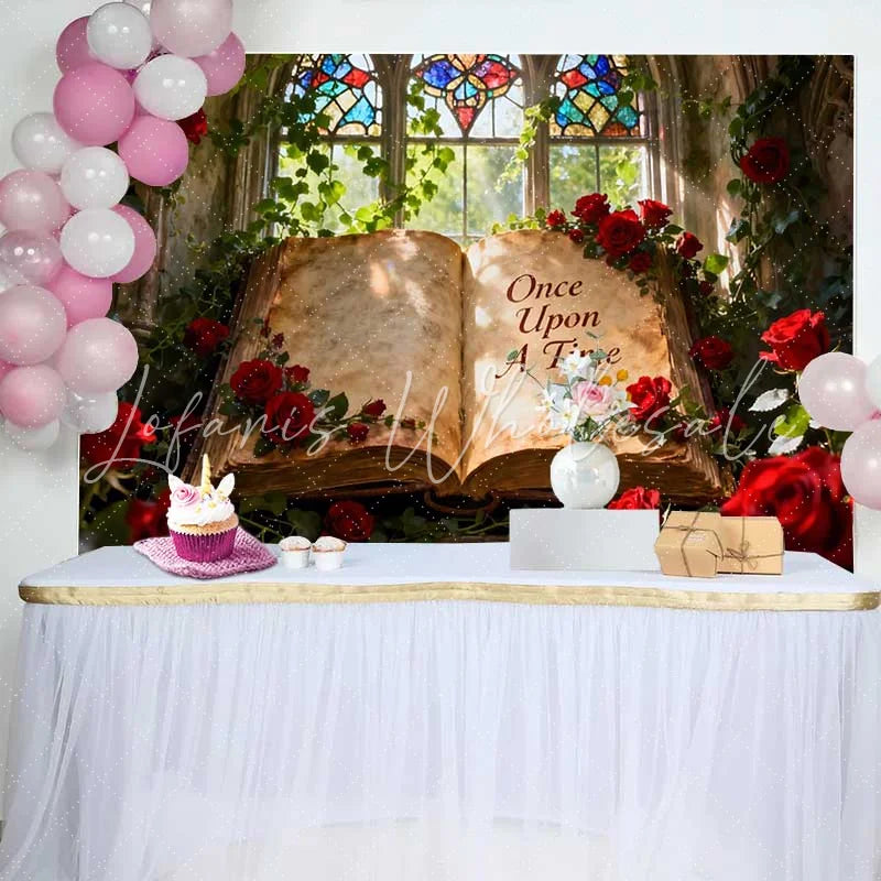 Lofaris Once Upon A Time Storybook Wedding Backdrop with Red Roses Stained Glass Window for Romantic Fairytale Decor