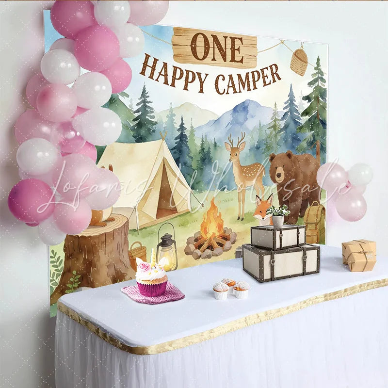 Lofaris One Happy Camper Camping Birthday Backdrop with Forest Animals Tent and Campfire Woodland Party Decor for Celebration.